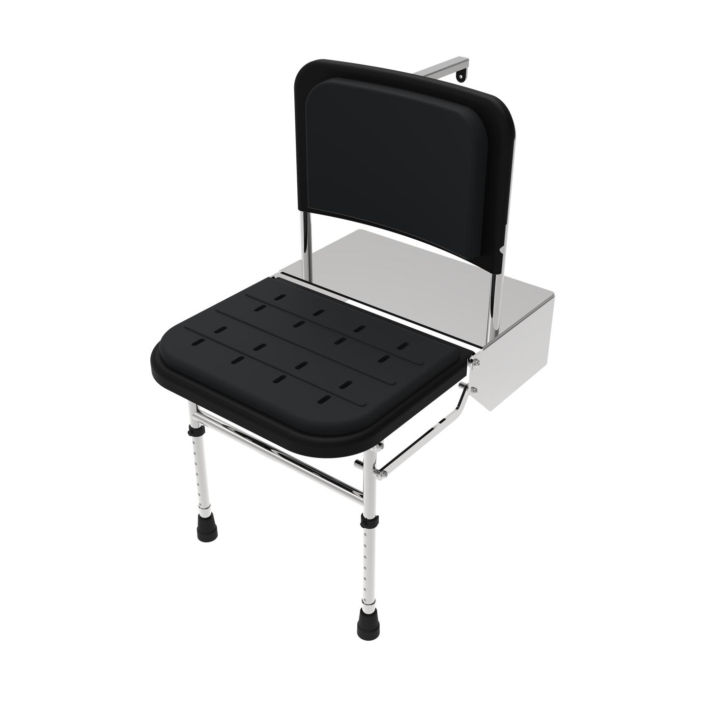 Black shower seat with backrest on a white background