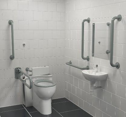 Disability accessible bathroom with grab bars and a back to the wall toilet.