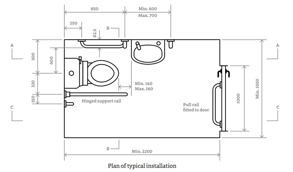 Technical drawing of a toilet installation plan with dimensions