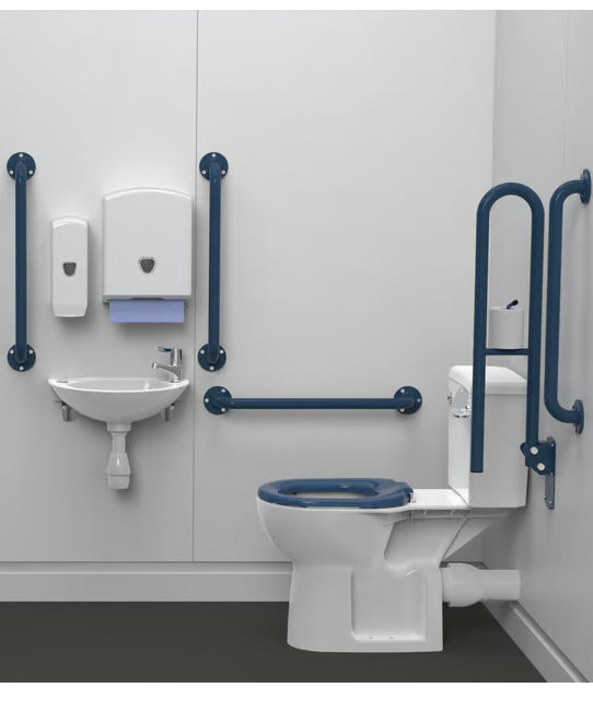 Close Coupled Doc M Pack with blue rails with towel and soap dispenser