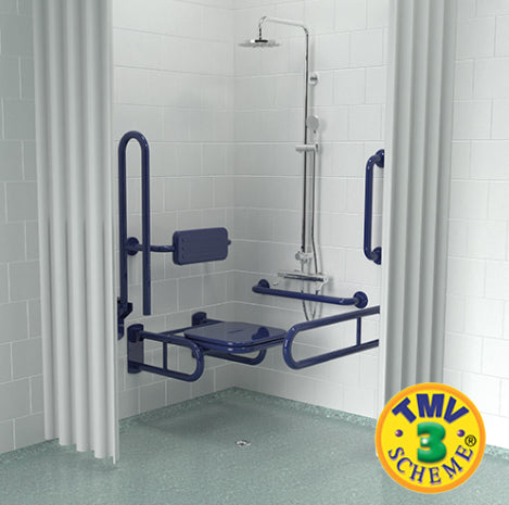 Shower setup with accessibility bars and a shower seat in a tiled bathroom, featuring the TMV Scheme logo.
