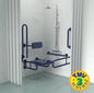 Shower setup with accessibility bars and a shower seat in a tiled bathroom, featuring the TMV Scheme logo.