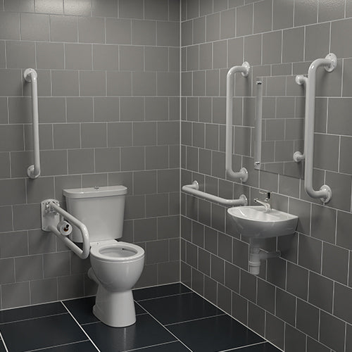 Bathroom with disabled access features including a toilet, sink, and grab bars.