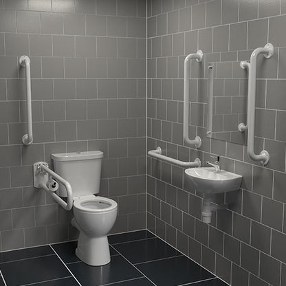 Bathroom with disabled access features including a toilet, sink, and grab bars.