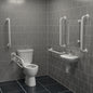 Bathroom with disabled access features including a toilet, sink, and grab bars.