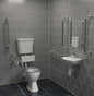 Bathroom with a toilet and sink against gray tiled walls.