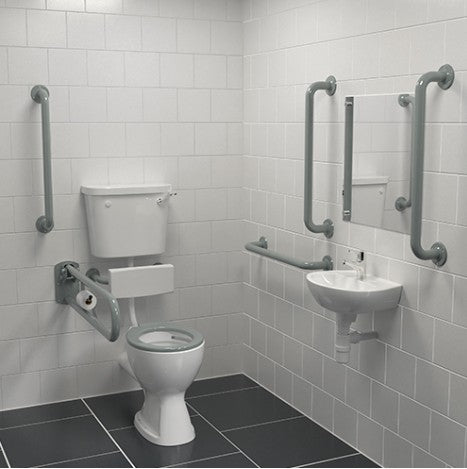 Bathroom with disabled access features including a toilet, sink, and grab bars.