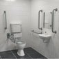 Bathroom with disabled access features including a toilet, sink, and grab bars.