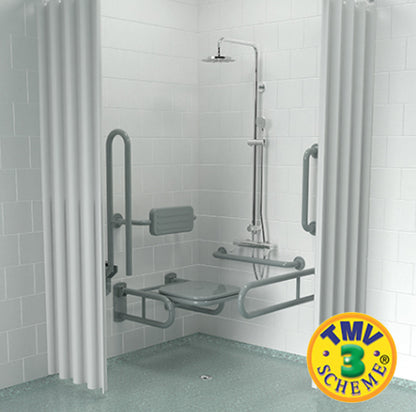 Shower setup with grab bars and a seat in a tiled shower area, featuring the TMV Scheme logo.