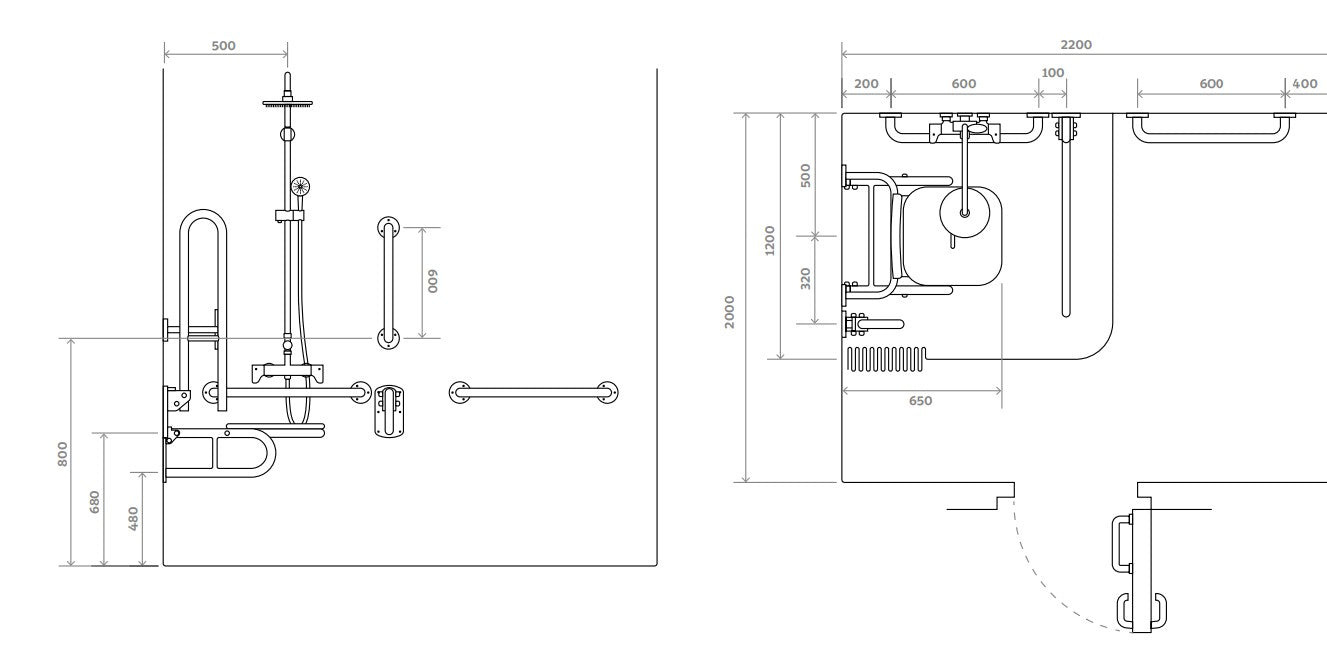 Technical drawing of a shower doc m pack with dimensions