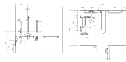 Technical drawing of a shower doc m pack with dimensions