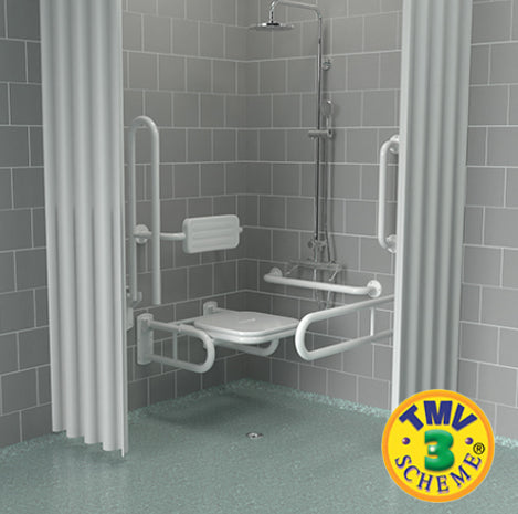 Shower setup with grab bars and a seat in a tiled shower area, featuring the TMV Scheme logo.