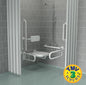 Shower setup with grab bars and a seat in a tiled shower area, featuring the TMV Scheme logo.